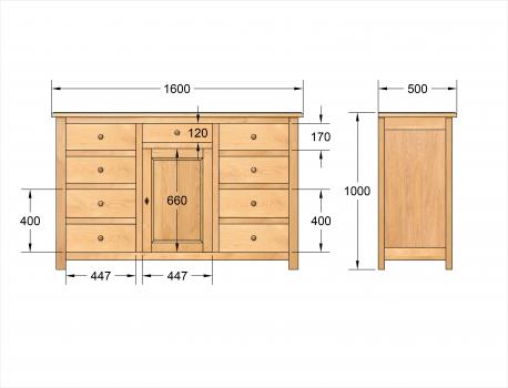 Petit buffet 1 porte 7 tiroirs Maxime réalisé en Chêne Massif de style Campagnard (voir croquis)