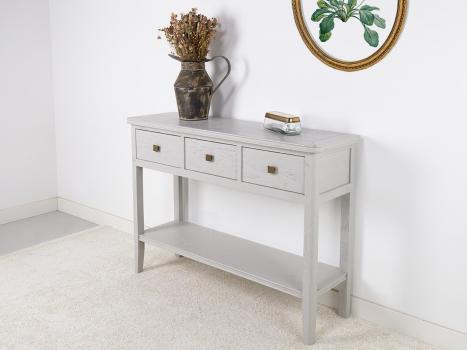 Console 3 tiroirs Evan réalisée en chêne de style Contemporain Finition Chêne Brossé Gris Perle SEULEMENT 1 DISPONIBLE