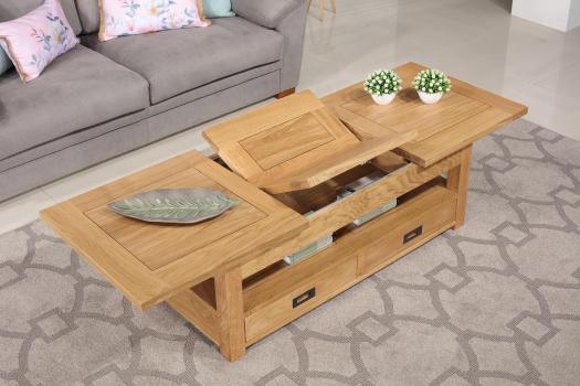 Table basse rectangulaire Léon réalisée en Chêne avec 1 allonge incorporée de 49 cm 