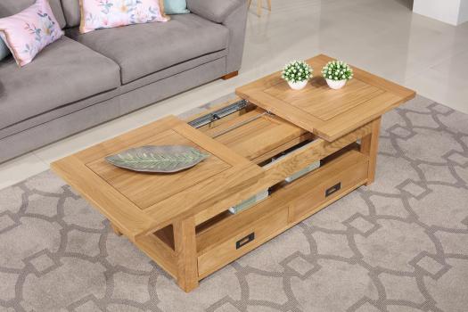 Table basse rectangulaire Léon réalisée en Chêne avec 1 allonge incorporée de 49 cm 