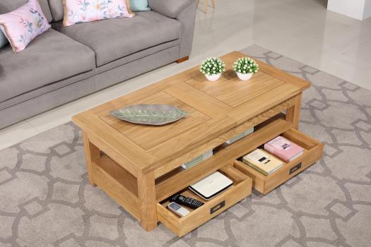 Table basse rectangulaire Léon réalisée en Chêne avec 1 allonge incorporée de 49 cm 