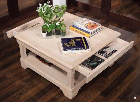 Table basse carrée Bruno en Chêne de style Louis Philippe Finition Chêne Brossé blanchi