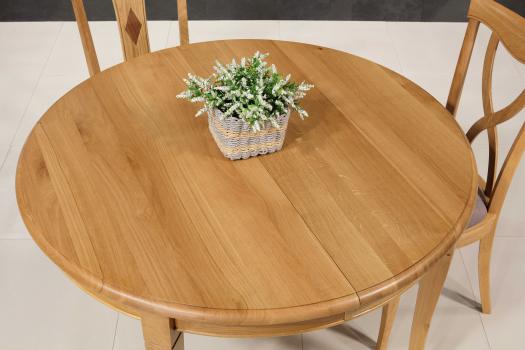 Table ronde Fabien réalisée en Chêne massif de style Louis Philippe Diamètre 120 + 2 allonges de 40 cm