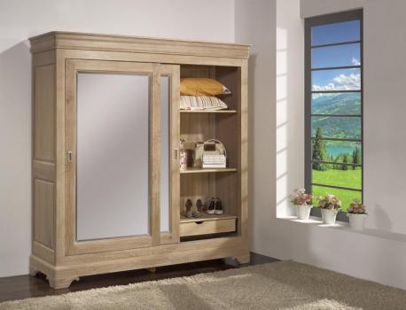 Armoire 2 portes Guillaume réalisée en Chêne Massif de style Louis Philippe Finition Chêne Brossé Blanchi