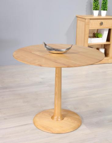 Petite table ronde pieds central réalisée en Frêne Massif Diamètre 90 cm Finition chêne naturel