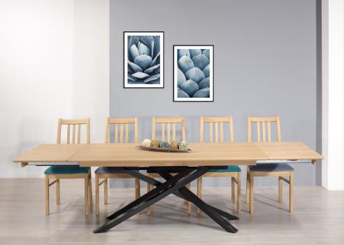 Table de repas Oliver réalisée en fer et chêne 180x100 Plateau avec 1 allonge incorporée de chaque côté 