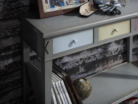 Console Marilou réalisée en Chêne de style Directoire Finition Chêne Brossé Gris et Tons Pastels