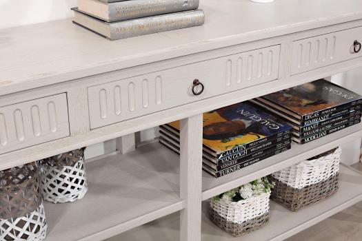 Console drapier 3 tiroirs réalisé en chêne de style Directoire Finition chêne brossé gris perle