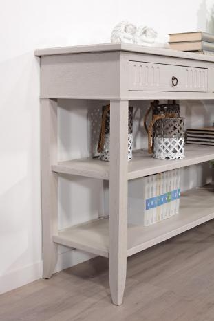 Console drapier 3 tiroirs réalisé en chêne de style Directoire Finition chêne brossé gris perle