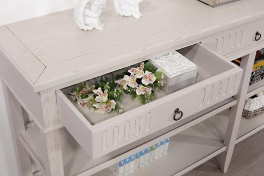 Console drapier 3 tiroirs réalisé en chêne de style Directoire Finition chêne brossé gris perle