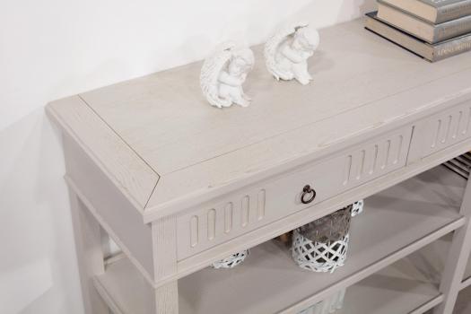 Console drapier 3 tiroirs réalisé en chêne de style Directoire Finition chêne brossé gris perle