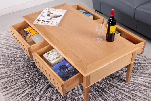 Table basse rectangulaire Gaspard réalisée en Chêne de style Directoire 2  tiroirs de chaque côté