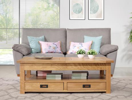 Table basse rectangulaire Léon réalisée en Chêne avec 1 allonge incorporée de 49 cm 