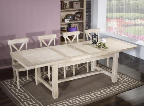Table de ferme rectangulaire Axel réalisée en Chêne massif 180x100 + 2 allonges de 45 cm Finition Chêne Brossé Blanchi