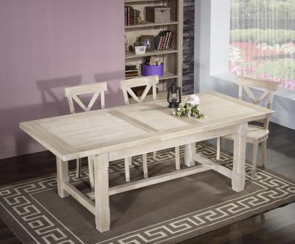 Table de ferme rectangulaire Axel réalisée en Chêne massif 180x100 + 2 allonges de 45 cm Finition Chêne Brossé Blanchi