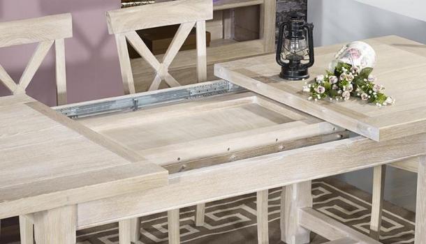 Table de ferme rectangulaire Axel réalisée en Chêne massif 180x100 + 2 allonges de 45 cm Finition Chêne Brossé Blanchi