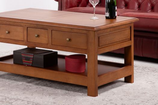 Table basse rectangulaire Jean-Baptiste réalisée en chêne de style Louis Philippe Campagnard Finition chêne moyen SEULEMENT 1 DISPONIBLE