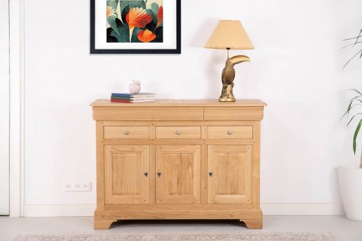 Buffet Hugo 3 portes 6 tiroirs, réalisé en Chêne Massif de style Louis Philippe Finition chêne Brossé Naturel SEULEMENT 1 DISPONIBLE