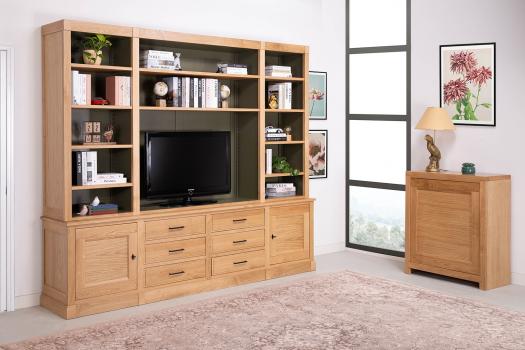 Bibliothèque 2 corps Manu réalisée en Chêne de style contemporain Finition Chêne Naturel à l'extérieur Vert Bosque légèrement patiné à l'intérieur