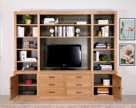 Bibliothèque 2 corps Manu réalisée en Chêne de style contemporain Finition Chêne Naturel à l'extérieur Vert Bosque légèrement patiné à l'intérieur