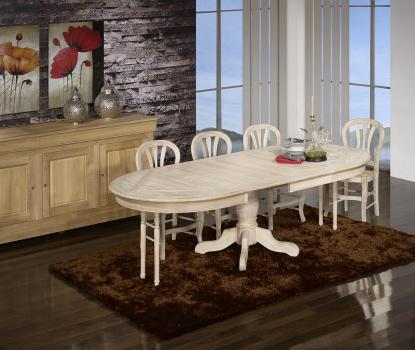 Table ovale Clément 160x120 pied central réalisé en Chêne de style Louis Philippe Finition Chêne Brossé Blanchi