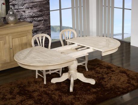 Table ovale Clément 160x120 pied central réalisé en Chêne de style Louis Philippe Finition Chêne Brossé Blanchi