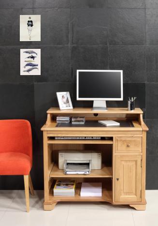 Petit Bureau informatique Emeric réalisé en Chêne de style Louis Philippe Finition Chêne naturel Surface d'écriture noire (photographies)