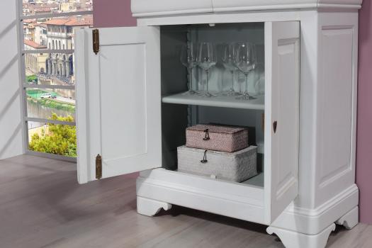 Petit Buffet 2 portes Emmanuel réalisé en Chêne Massif de style Louis Philippe Ivoire à l'extérieur et Bleu Gris pour l'intérieur 