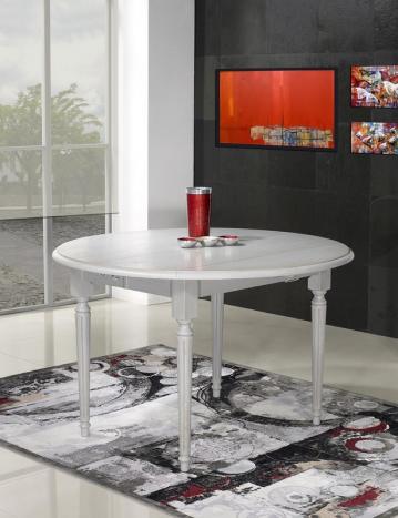 Table ronde à volets Clément, DIAMETRE 120 réalisée en Chêne Massif de style Louis XVI - 7 allonges de 40 cm Finition Chêne Brossé Gris