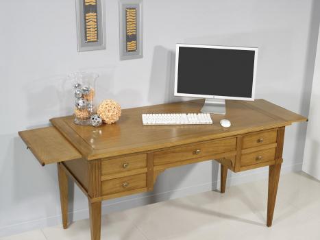 Bureau Ministre 5 tiroirs Jean-Christian, réalisé en Chêne de style Directoire Plateau Bois et Sans losanges sur les tiroirs