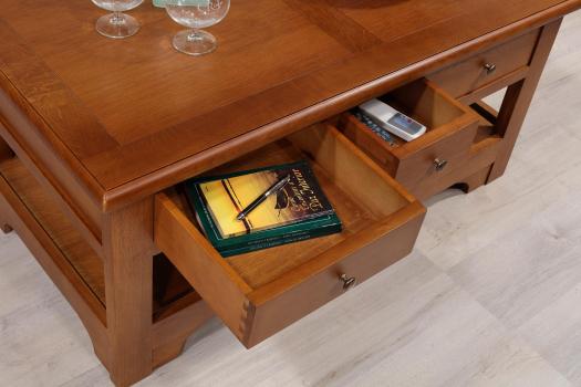 Table basse rectangulaire Jean-Baptiste réalisée en chêne de style Louis Philippe Campagnard Finition chêne moyen SEULEMENT 1 DISPONIBLE