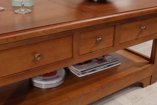 Table basse rectangulaire Jean-Baptiste réalisée en chêne de style Louis Philippe Campagnard Finition chêne moyen SEULEMENT 1 DISPONIBLE