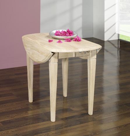Table ronde à volets diamètre 90 en chêne massif de style Louis Philippe 2 ALLONGES DE 40 CM Finition Chêne Brossé Blanchi