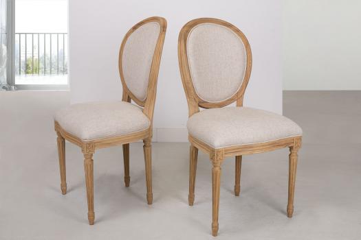 Lot de 2 chaises Simon réalisée en Chêne Massif de style Louis XVI Finition Chêne Brossé  Tissu façon Lin