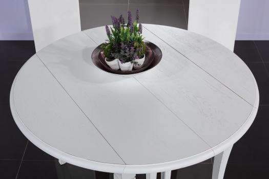 Table ronde à volets Marius, Diamètre 120 réalisée en chêne massif de style Louis Philippe 7 allonges de 40 cm 