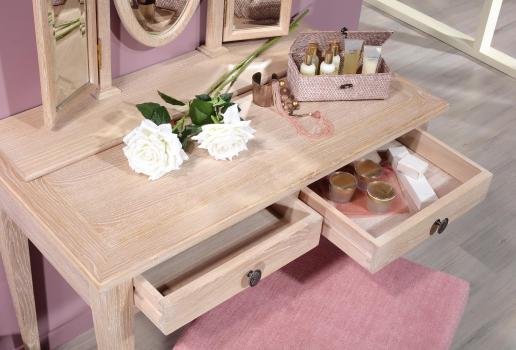 Table de toilette ou Coiffeuse Coralie réalisée en chêne de style Louis Philippe Finition Chêne Brossé Blanchi