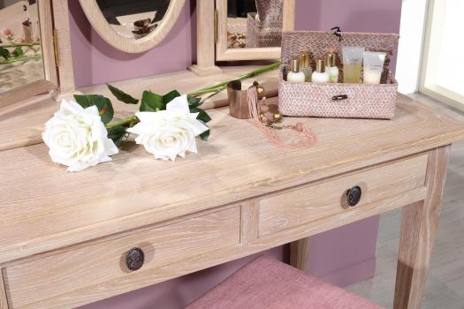 Table de toilette ou Coiffeuse Coralie réalisée en chêne de style Louis Philippe Finition Chêne Brossé Blanchi