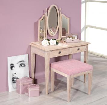 Table de toilette ou Coiffeuse Coralie réalisée en chêne de style Louis Philippe Finition Chêne Brossé Blanchi