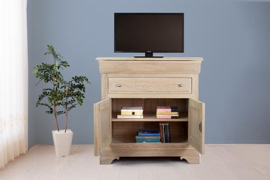 Meuble Tv Léa réalisé en Chêne Massif de style Louis Philippe Plateau Pivotant Finition Chêne Brossé