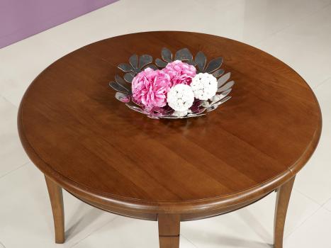 Table ronde 4 pieds Marc-Antoine réalisée en Chêne Massif de style Louis Philippe Diamètre 105 1 allonge portefeuille de 39 cm Finition Chêne Moyen SEULEMENT 1 DISPONIBLE