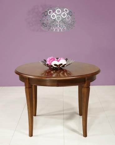 Table ronde 4 pieds Marc-Antoine réalisée en Chêne Massif de style Louis Philippe Diamètre 105 1 allonge portefeuille de 39 cm Finition Chêne Moyen SEULEMENT 1 DISPONIBLE