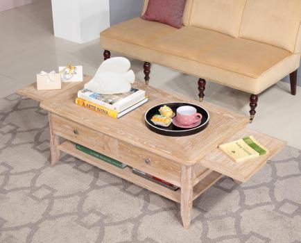 Table Basse Clément réalisée en Chêne de style Louis Philippe PLATEAU MARQUETE Finition Brossé Blanchi