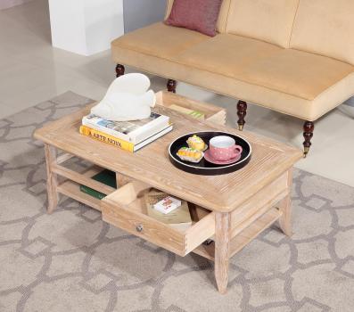 Table Basse Clément réalisée en Chêne de style Louis Philippe PLATEAU MARQUETE Finition Brossé Blanchi