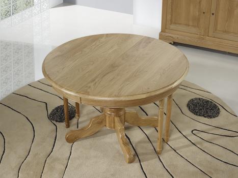 Table ronde pied central Anna réalisée en Chêne Massif de style Louis Philippe DIAMETRE 120 + 2 allonges de 40 cm