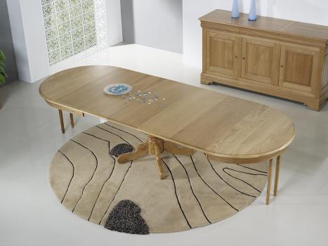 Table ronde pied central Anna réalisée en Chêne Massif de style Louis Philippe DIAMETRE 120 + 2 allonges de 40 cm