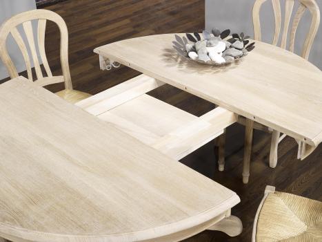 Table ronde Maude, pieds central DIAMETRE 140 réalisée en Chêne massif de style Louis Philipe FINITION CHENE BROSSE BLANCHI