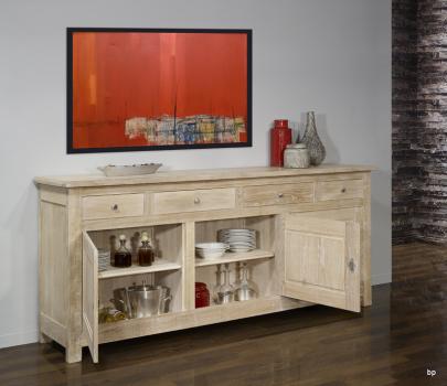 Buffet 3 portes 4 tiroirs réalisé en Chêne Massif de style Campagnard Finition Chêne Brossé Blanchi