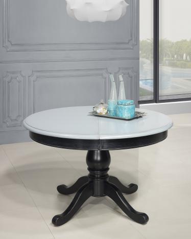 Table ronde pied central réalisée en Chêne Massif de style Louis Philippe DIAMETRE 120  Finition Charbon patine antiquaire et gris bleuté
