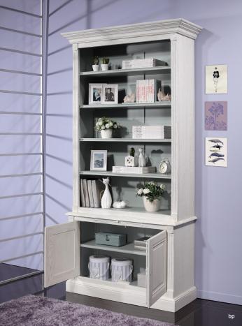 Bibliothèque 2 corps Sylvain réalisée en Chêne Massif de style Directoire Finition Ivoire et Bleu Gris