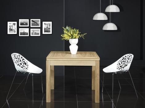 Table de repas 90x90 réalisée en Chêne massif de style Contemporain, plateau ouvert 180x90 Finition Brossé Blanchi